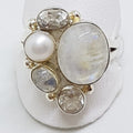 Sterling Silver Large Cabochon Cut Moonstone, Pearl and Clear Crystal Quartz Cluster Ring