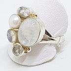 Sterling Silver Large Cabochon Cut Moonstone, Pearl and Clear Crystal Quartz Cluster Ring