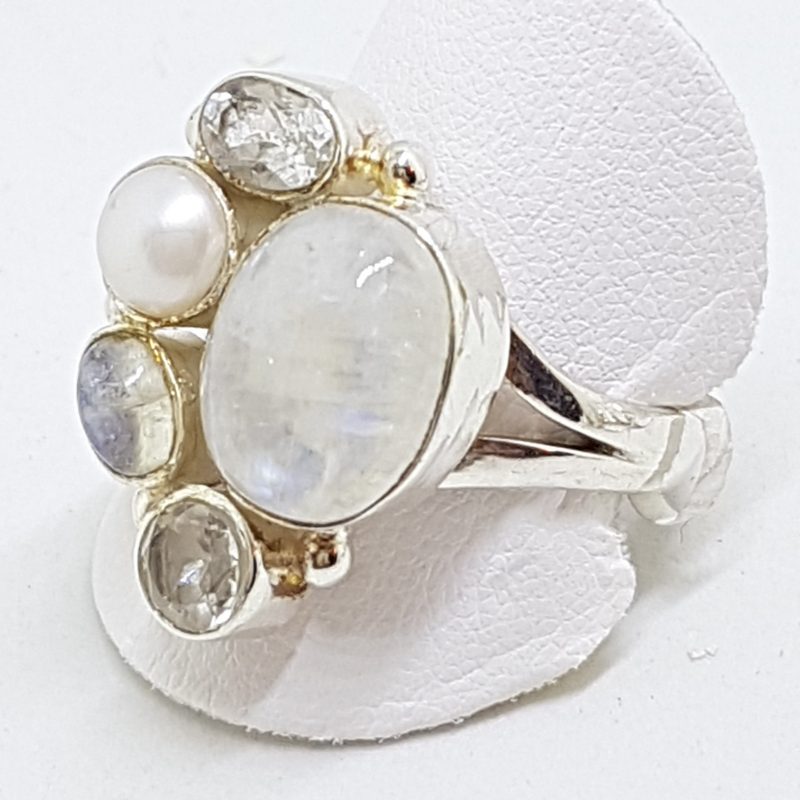 Sterling Silver Large Cabochon Cut Moonstone, Pearl and Clear Crystal Quartz Cluster Ring