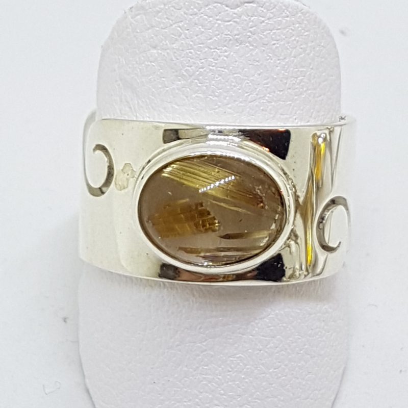 Sterling Silver Oval Rutilated Quartz in Wide Band Ring with Wave Design
