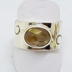 Sterling Silver Oval Rutilated Quartz in Wide Band Ring with Wave Design