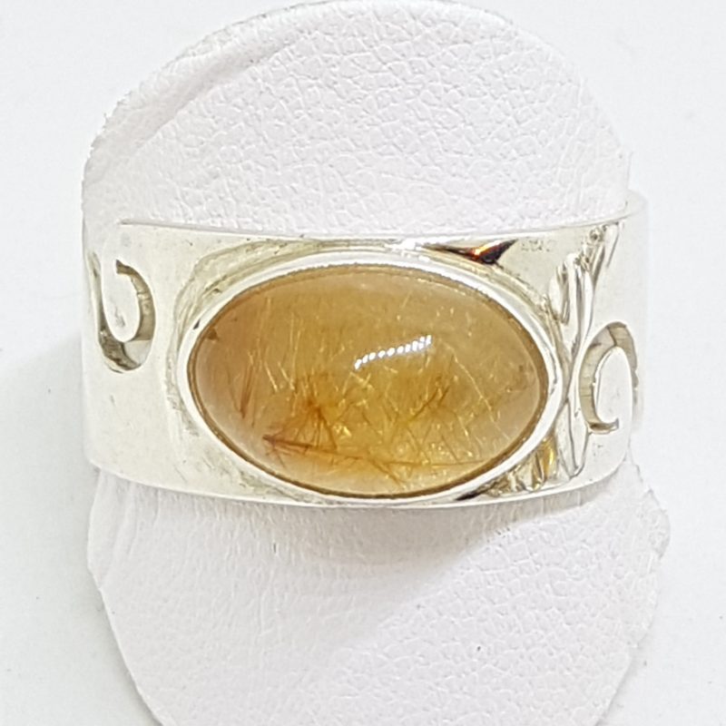 Sterling Silver Oval Rutilated Quartz in Wide Band Ring with Wave Design