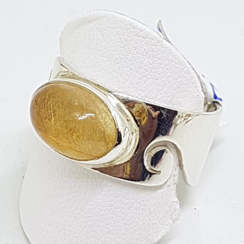 Sterling Silver Oval Rutilated Quartz in Wide Band Ring with Wave Design