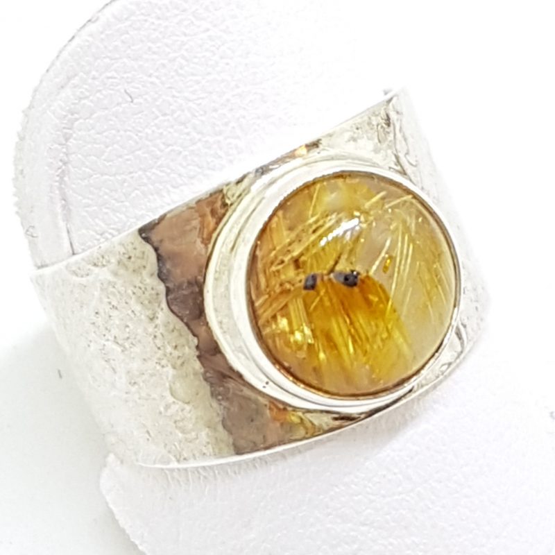 Sterling Silver Round Rutilated Quartz in Wide Band Ring
