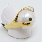 14ct Yellow Gold Large Baroque Pearl with Emerald Ring – Handmade