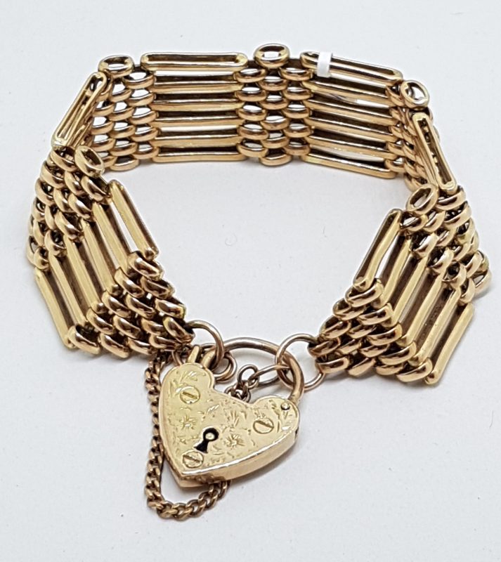 9ct Rose Gold Wide Gatelink Bracelet with Heart Padlock - Antique / Vintage