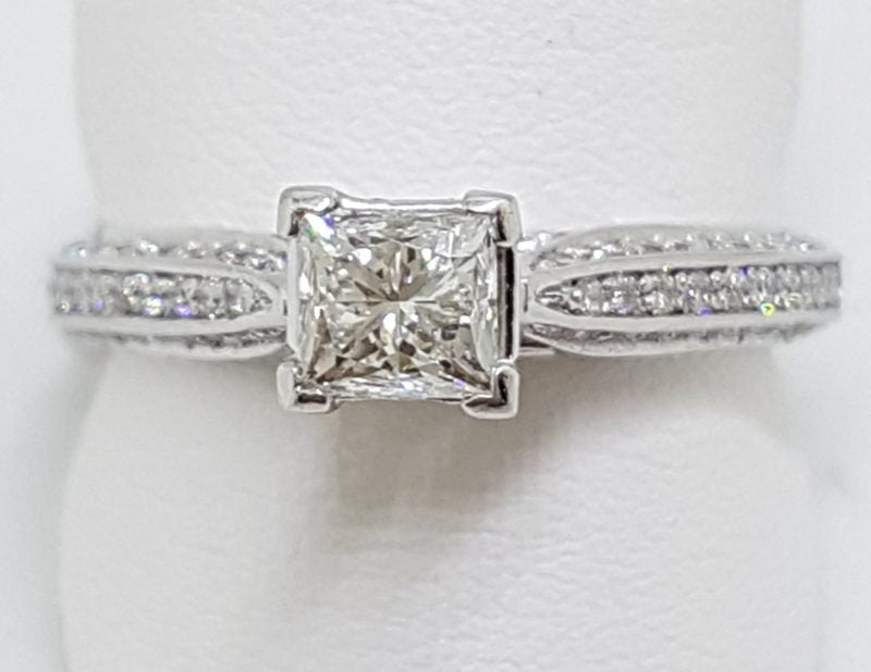Stunning 18ct White Gold Princess Cut Diamond Engagement Ring - Square set High with Diamonds along shoulder