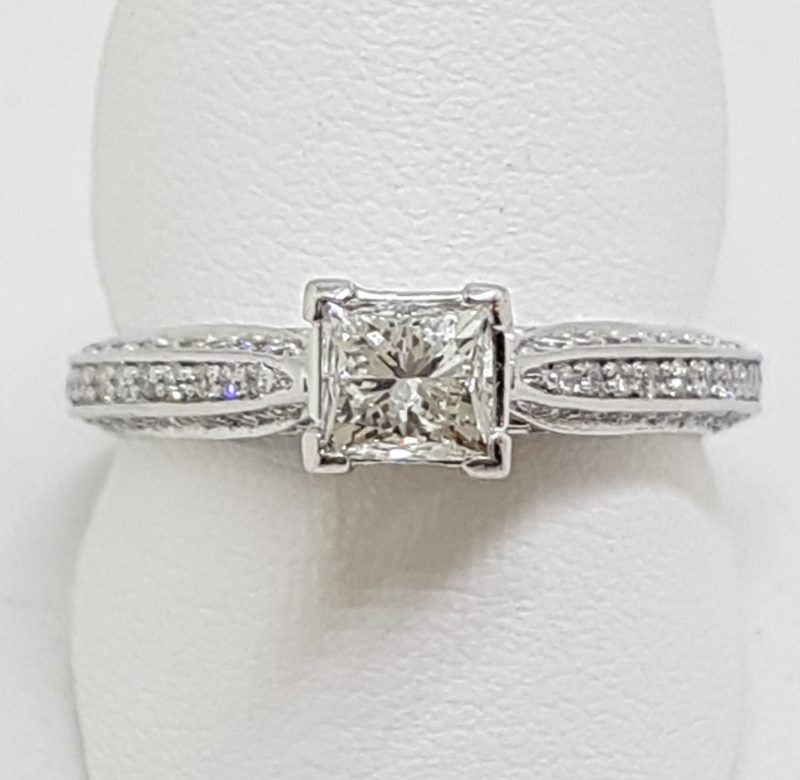 Stunning 18ct White Gold Princess Cut Diamond Engagement Ring - Square set High with Diamonds along shoulder