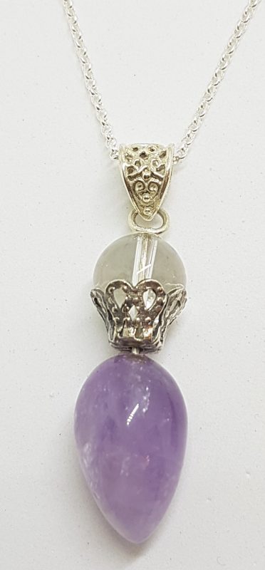 Sterling Silver Amethyst &amp; Clear Crystal Quartz Pendulum Pendant on Silver Chain