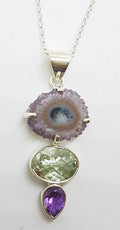 Sterling Silver Long Amethyst Slice, Green Amethyst (Prasiolite) and Amethyst Pendant on Chain