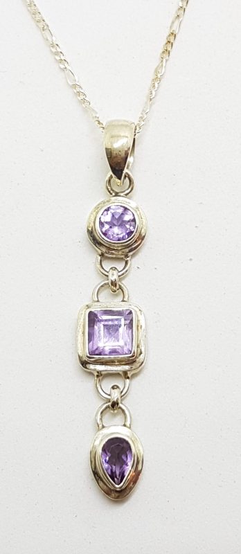 Sterling Silver Long Amethyst Drop Pendant on Silver Chain