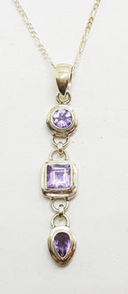 Sterling Silver Long Amethyst Drop Pendant on Silver Chain