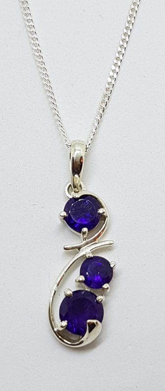 Sterling Silver Long Ornate Twist Amethyst Drop Pendant on Silver Chain