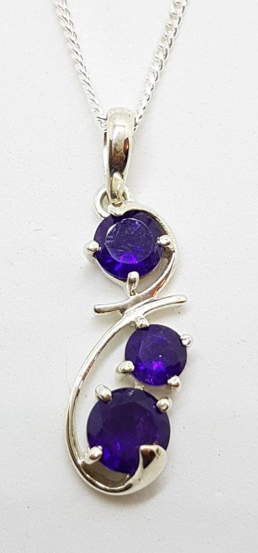 Sterling Silver Long Ornate Twist Amethyst Drop Pendant on Silver Chain