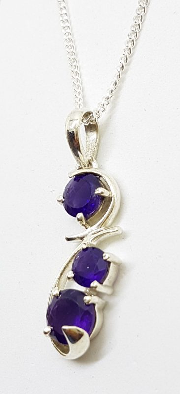 Sterling Silver Long Ornate Twist Amethyst Drop Pendant on Silver Chain