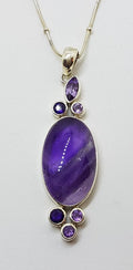 Sterling Silver Long Cabochon &amp; Faceted Amethyst Drop Pendant on Chain
