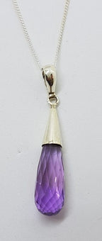 Sterling Silver Long Amethyst Drop Pendant on Chain