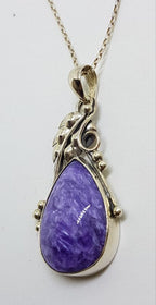 Sterling Silver Large Ornate Leaf Design Charoite Pendant on Chain