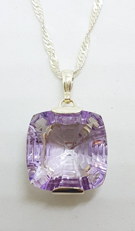 Sterling Silver Laser Cut Square Amethyst Pendant on Sterling Silver Chain