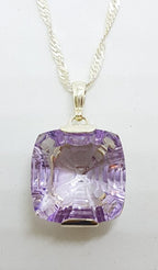 Sterling Silver Laser Cut Square Amethyst Pendant on Sterling Silver Chain