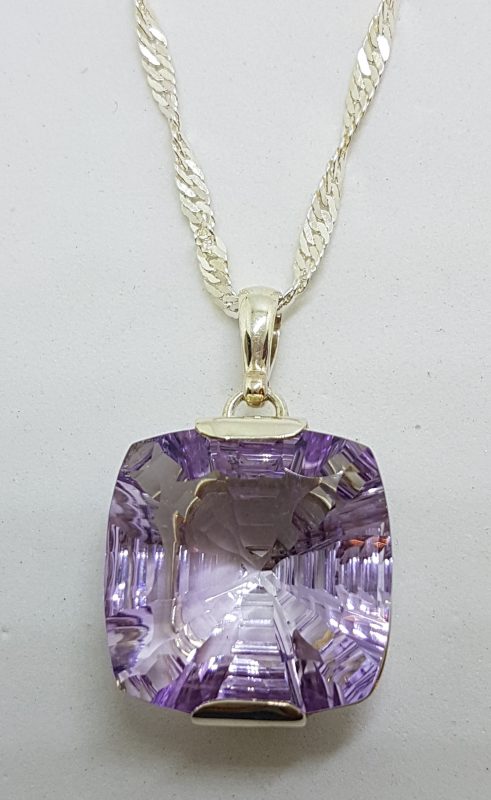 Sterling Silver Laser Cut Square Amethyst Pendant on Sterling Silver Chain