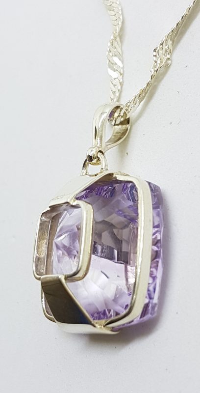 Sterling Silver Laser Cut Square Amethyst Pendant on Sterling Silver Chain