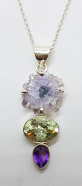 Sterling Silver Long Amethyst Slice, Green Amethyst (Prasiolite) and Amethyst Pendant on Chain