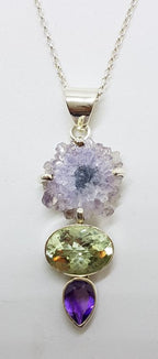 Sterling Silver Long Amethyst Slice, Green Amethyst (Prasiolite) and Amethyst Pendant on Chain