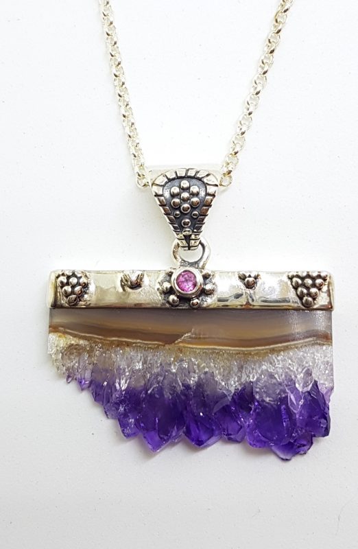 Sterling Silver Amethyst Crystal Slice with Garnet Pendant on Chain