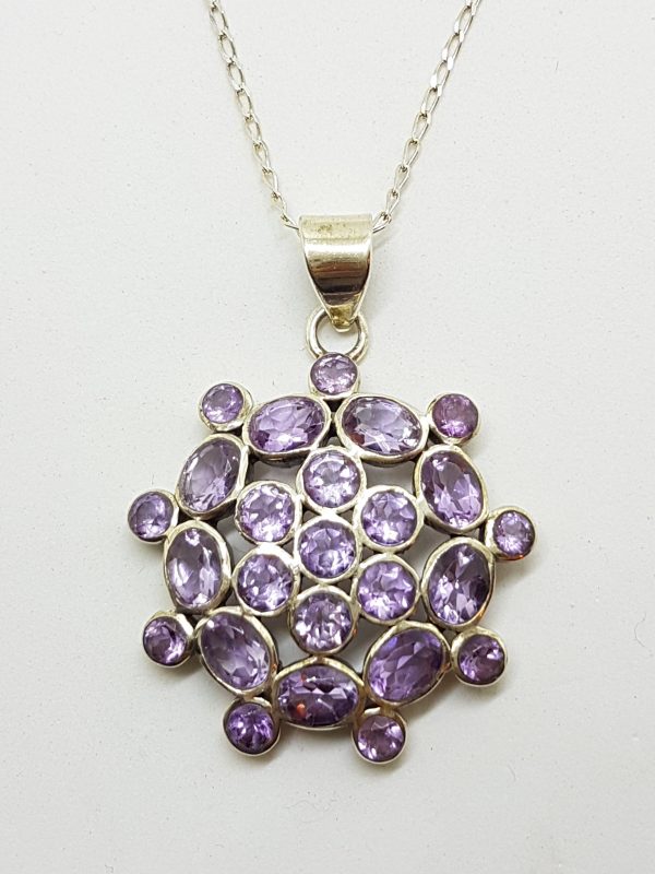 Sterling Silver Amethyst Large Round Cluster Pendant on Silver Chain