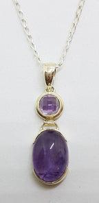 Sterling Silver Cabochon &amp; Faceted Amethyst Pendant on Silver Chain