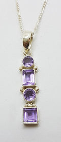 Sterling Silver Long Amethyst Pendant on Chain