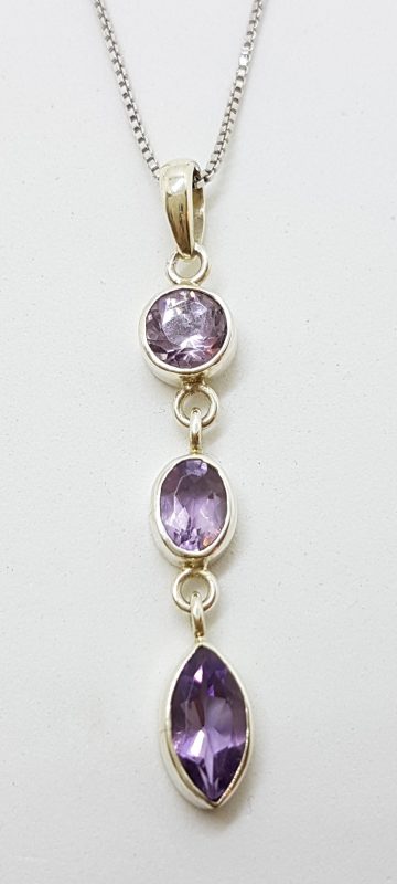 Sterling Silver Long Amethyst Drop Pendant on Chain