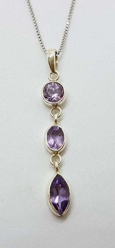 Sterling Silver Long Amethyst Drop Pendant on Chain