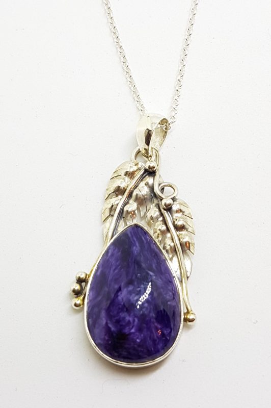 Sterling Silver Large Ornate Leaf Design Charoite Pendant on Chain