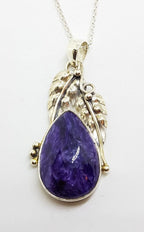 Sterling Silver Large Ornate Leaf Design Charoite Pendant on Chain