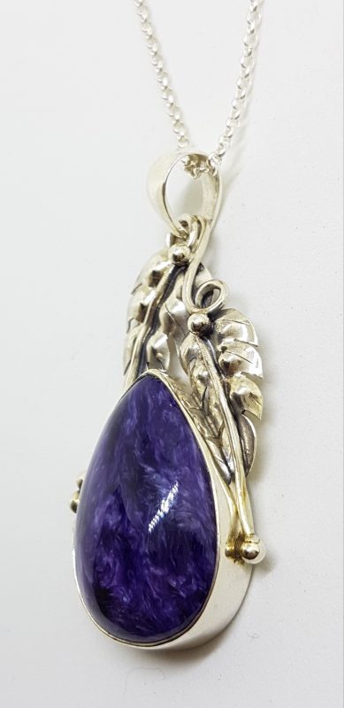 Sterling Silver Large Ornate Leaf Design Charoite Pendant on Chain