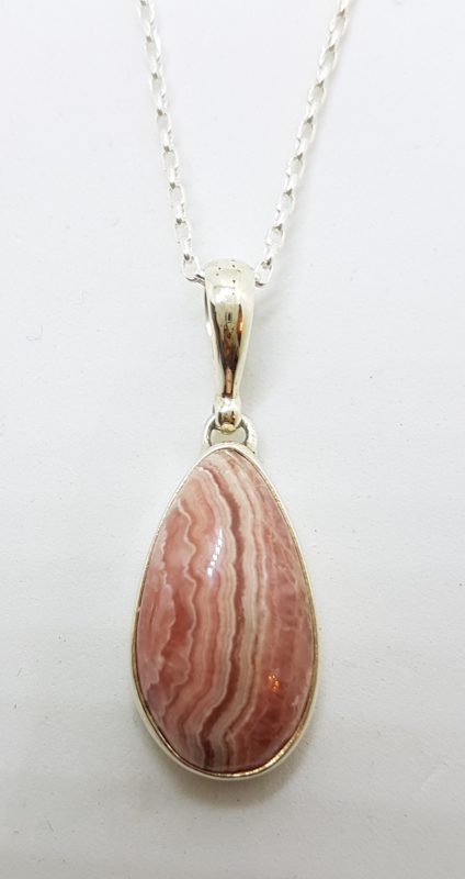 Sterling Silver Teardrop Shape Rhodochrosite Pendant on Silver Chain
