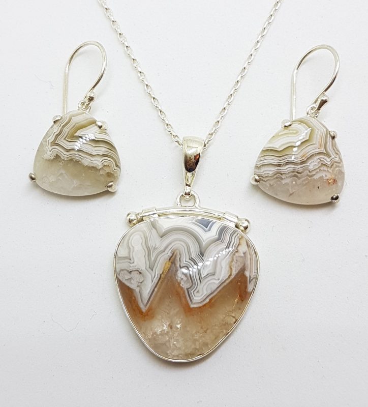 Sterling Silver Crazy Lace Agate Pendant on Silver Chain with Earrings - Set