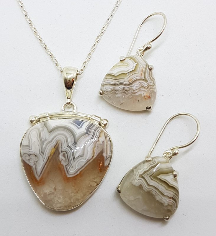 Sterling Silver Crazy Lace Agate Pendant on Silver Chain with Earrings - Set