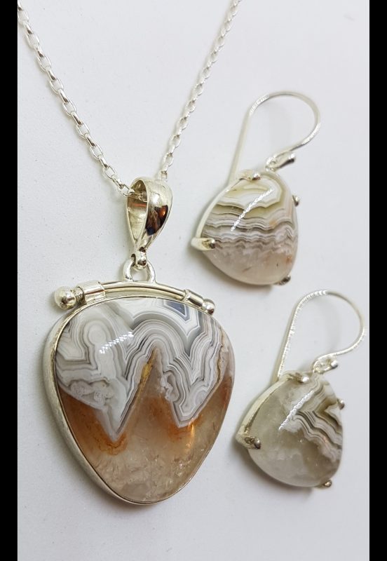 Sterling Silver Crazy Lace Agate Pendant on Silver Chain with Earrings - Set