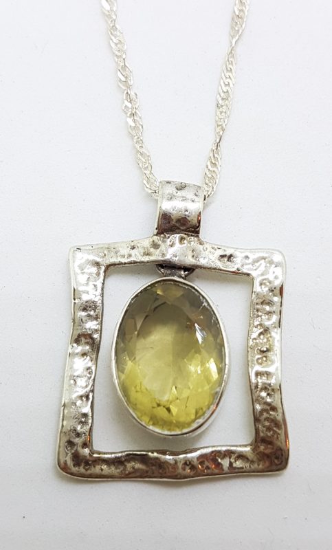 Sterling Silver Oval Lemon Quartz in Square Pendant on Silver Chain