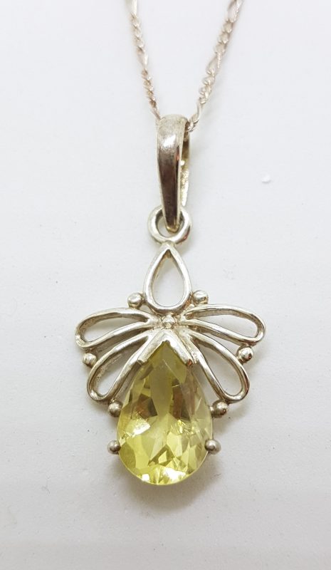 Sterling Silver Lemon Citrine Teardrop Butterfly Pendant on Silver Chain