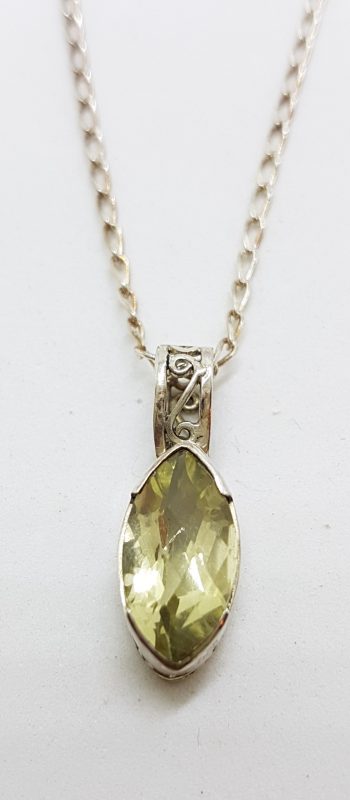 Sterling Silver Marquis Ornate Filigree Lemon Citrine Pendant on Silver Chain