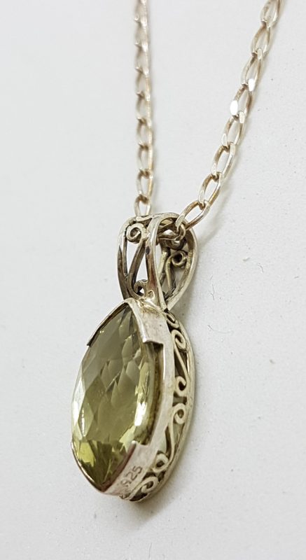 Sterling Silver Marquis Ornate Filigree Lemon Citrine Pendant on Silver Chain
