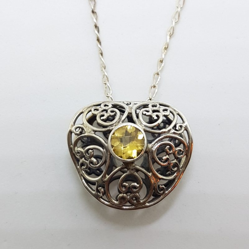 Sterling Silver Ornate Filigree Citrine Pendant on Silver Chain
