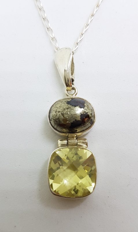 Sterling Silver Lemon Citrine &amp; Pyrite Pendant on Silver Chain