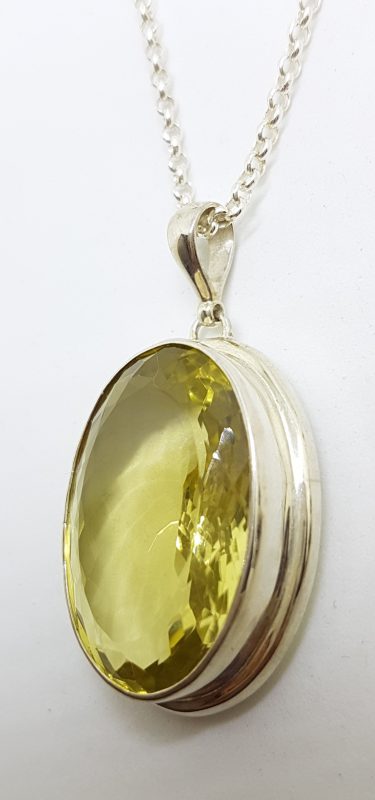 Sterling Silver Large Oval Shape Lemon Citrine Pendant on Silver Chain