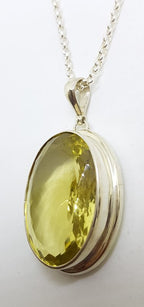 Sterling Silver Large Oval Shape Lemon Citrine Pendant on Silver Chain