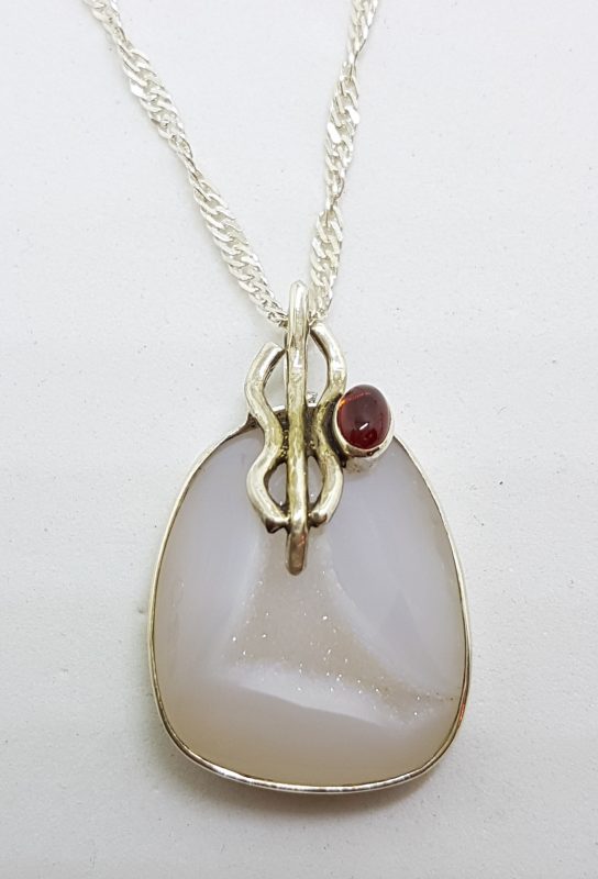 Sterling Silver Druzy and Garnet Pendant on Silver Chain